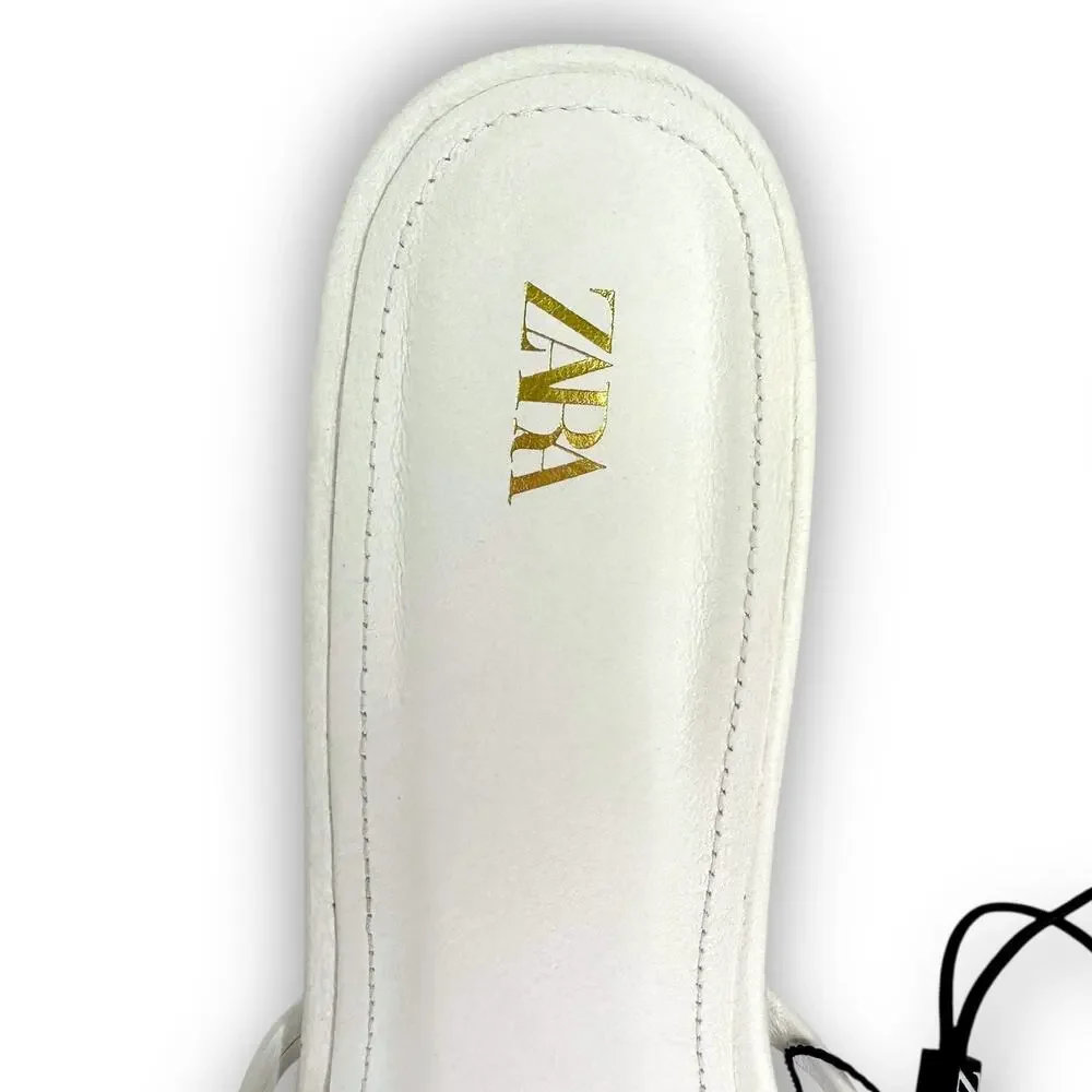 Zara Strappy Toe Post Heeled Leather Sandals Size EU 41 US 10 White Square Toe - Picture 10 of 14